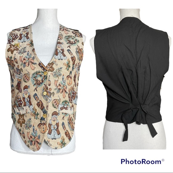 Christmas Snowman Santa Star Vest Vintage MNLY Beige Tan Claus EUC M - Picture 2 of 12